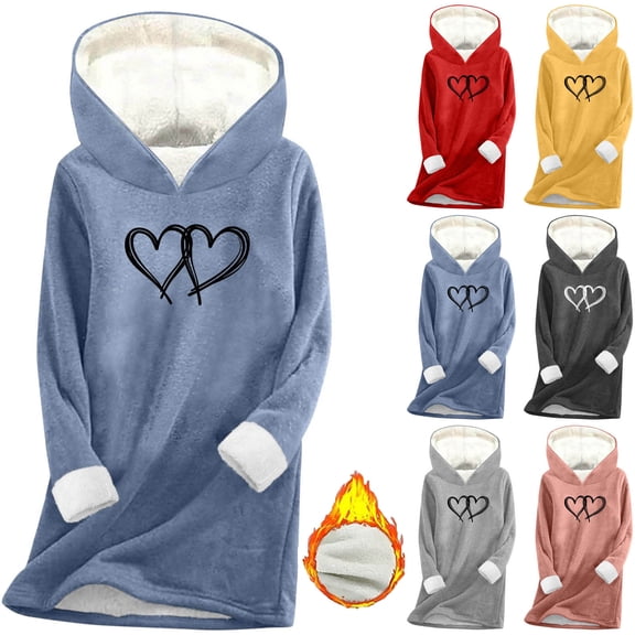 Nfurl Womens Hooded Sweatshirts Warm Fleece Lined Sweatshirt Cute Heated Graphic Long Sleeve Plus Size Tops Comfy Ladies Blouses Blue S