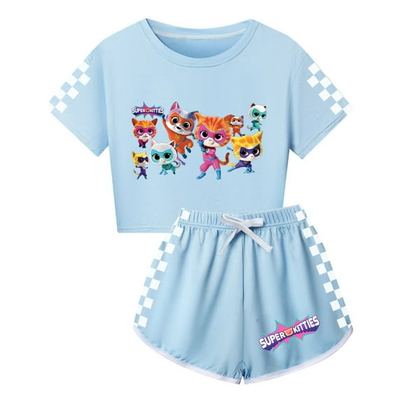 Girls Casual Summer T-Shirt Outfit Set– SuperKitties Cropped Top and Shorts – Kids Character Clothing