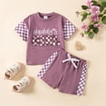 thumbnail image 2 of Xyant Toddler Baby Girl Clothes Summer Outfit Plaid Patchwork Short Sleeve Letter Embroidery T Shirt Tops and Stretch Casual Shorts Set (Purple,2-3 Years), 2 of 7