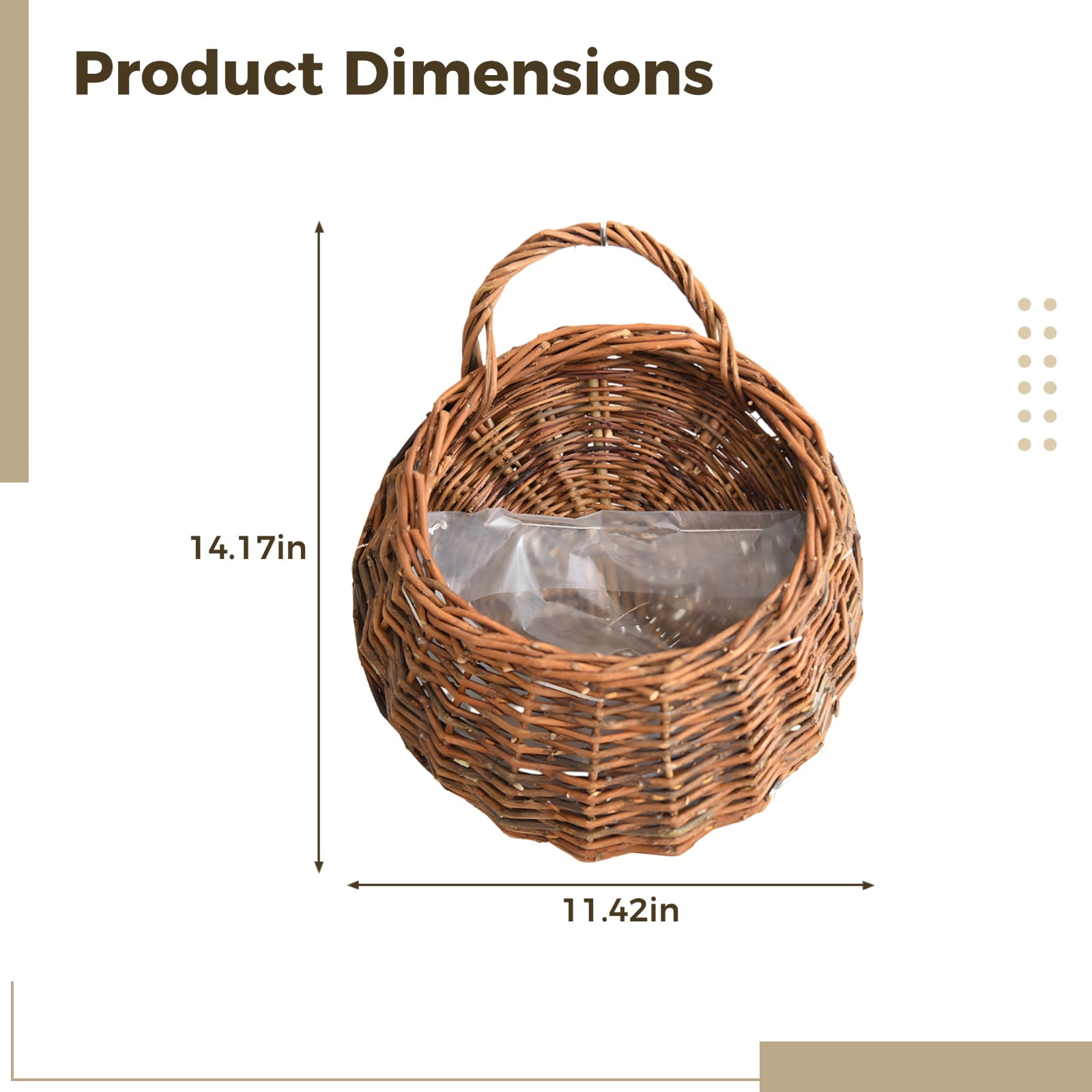 Woven Hanging Planter Basket, Willow Flower Basket with Waterproof Liner, Large 11.4 in（29 cm）, Wall Hanging Plant Containers for Indoor Outdoor Plants, Brown