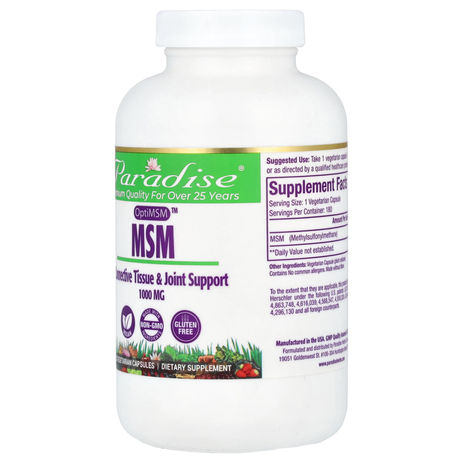Paradise Herbs OptiMSM™, MSM, 1,000 mg, 180 Vegetarian Capsules