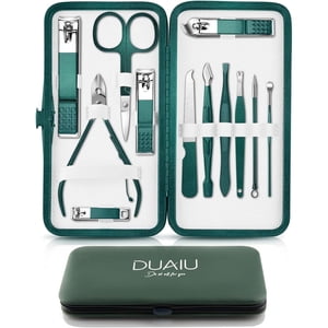 DUAIU 12-Piece Nail Care Kit, Green Travel Case
