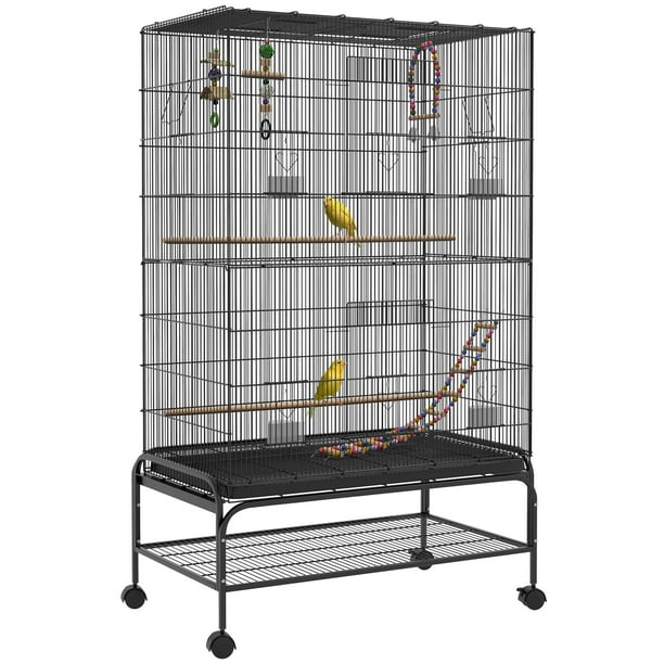 PawHut Cage à oiseaux sur pied volière oiseaux sur roulettes avec