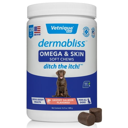 UPC: 0810082380378 | Vetnique Labs Dermabliss Omega & Skin Health Chews for Dogs with Omega 3-6-9 – Ditch the Itch – 120ct Hickory Salmon Flavored Soft Chews