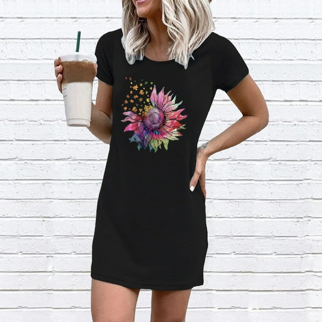 LOVZFMLL Robe Décontractée à Manches Courtes Imprimée Mode Été Femme Noire G