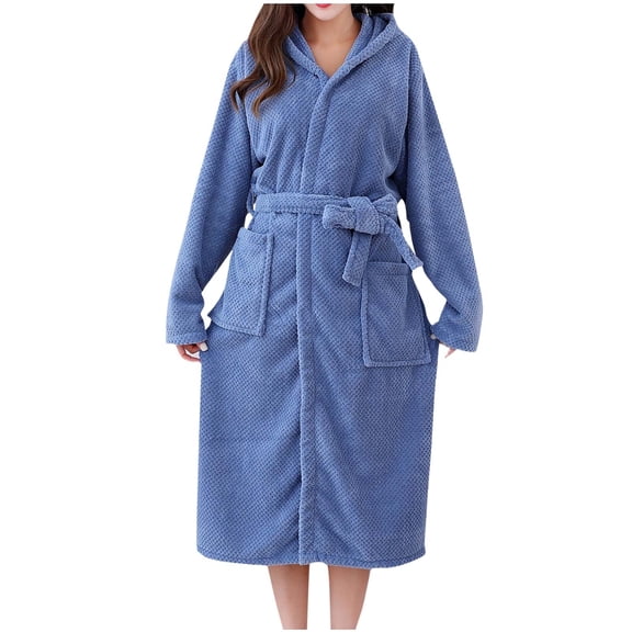 uublik Soft Robes for Women Flannel Robes Casual Long Sleeves Robes Winter Woman Bathrobe Nightwear Blue