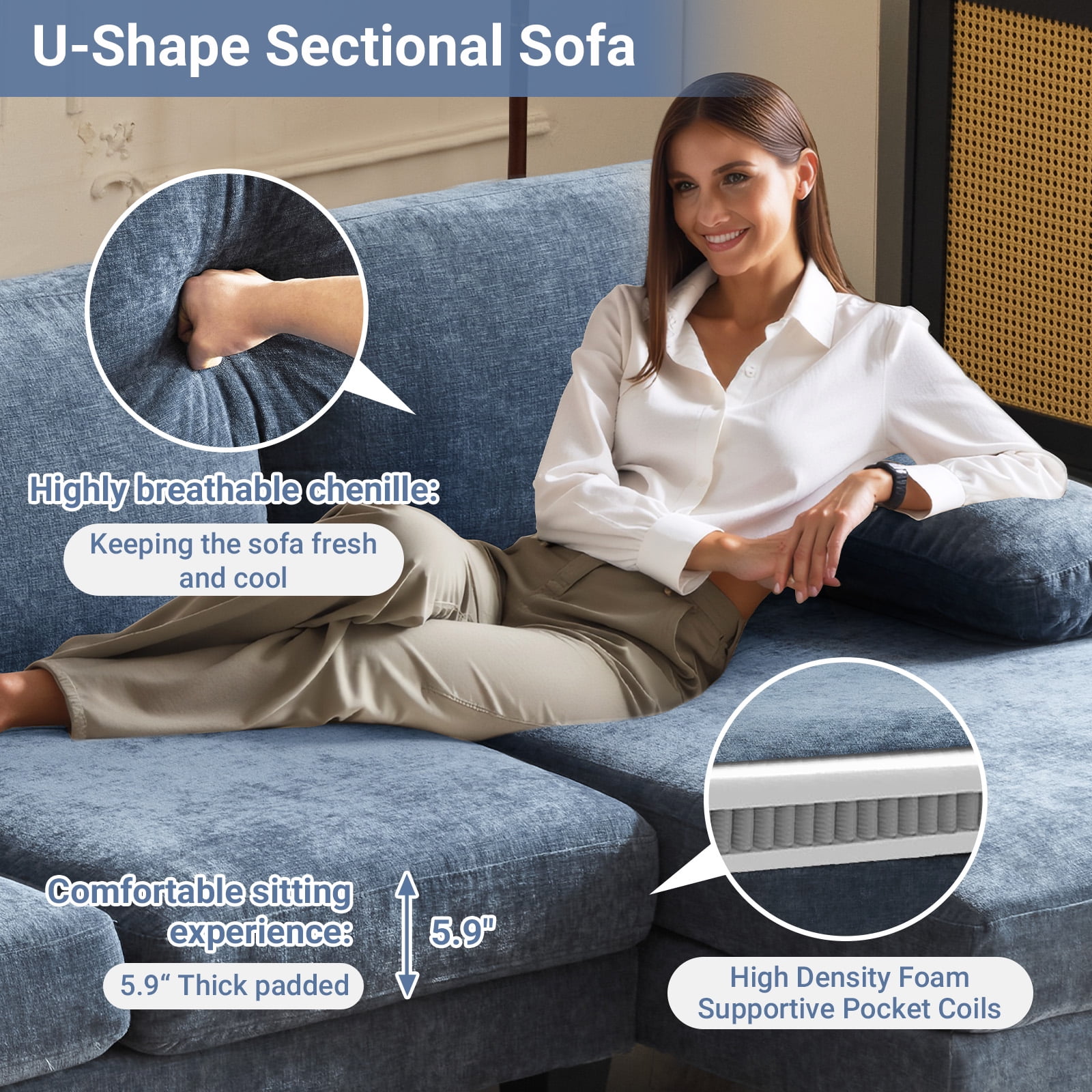 Ktaxon U-Shaped Sectional Sofa, 111"  Chenille Couch, 4 Seat Lounge Sleeper with Double Chaise for Living Room Blue