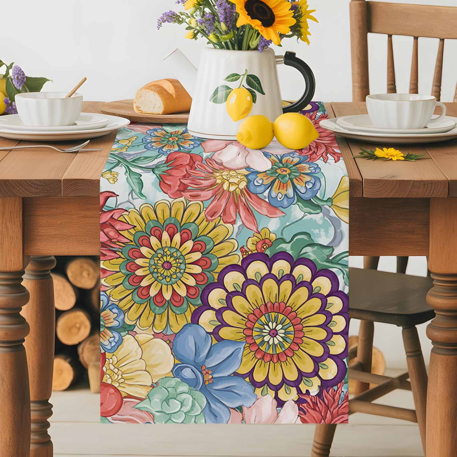 Retro Bohemian Flowers Table Runner 90 Inches Long, Country Floral Art Table Runners Tabletop Scarf Kitchen Dining Tables Decoration for Home Party Indoor Outdoor
