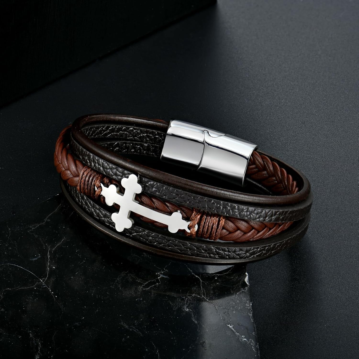 Mens Leather Cross Bracelet Multi-Layer Braided Faith Bracelet Religious Wristband Father's Day Birthday Jewelry Gifts for Men 8.5" Stainless Steel Buckle Bangle