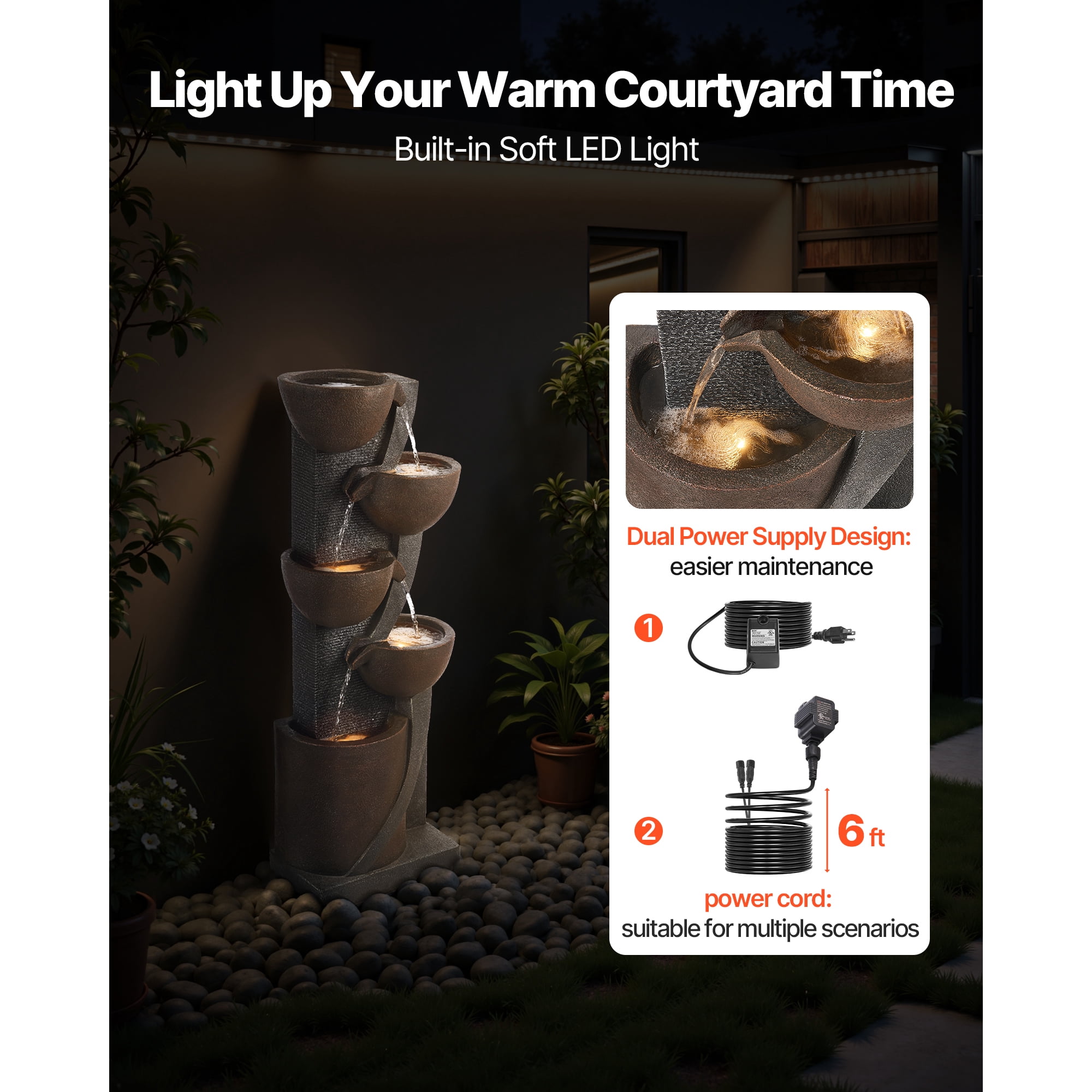 KFFKFF Outdoor Water Fountain, 49.61 in Tall, 5-Tier Jar-Shaped Cascading Design with LED Light and Pump, Ideal for Garden, Patio, Home, and Backyard Use