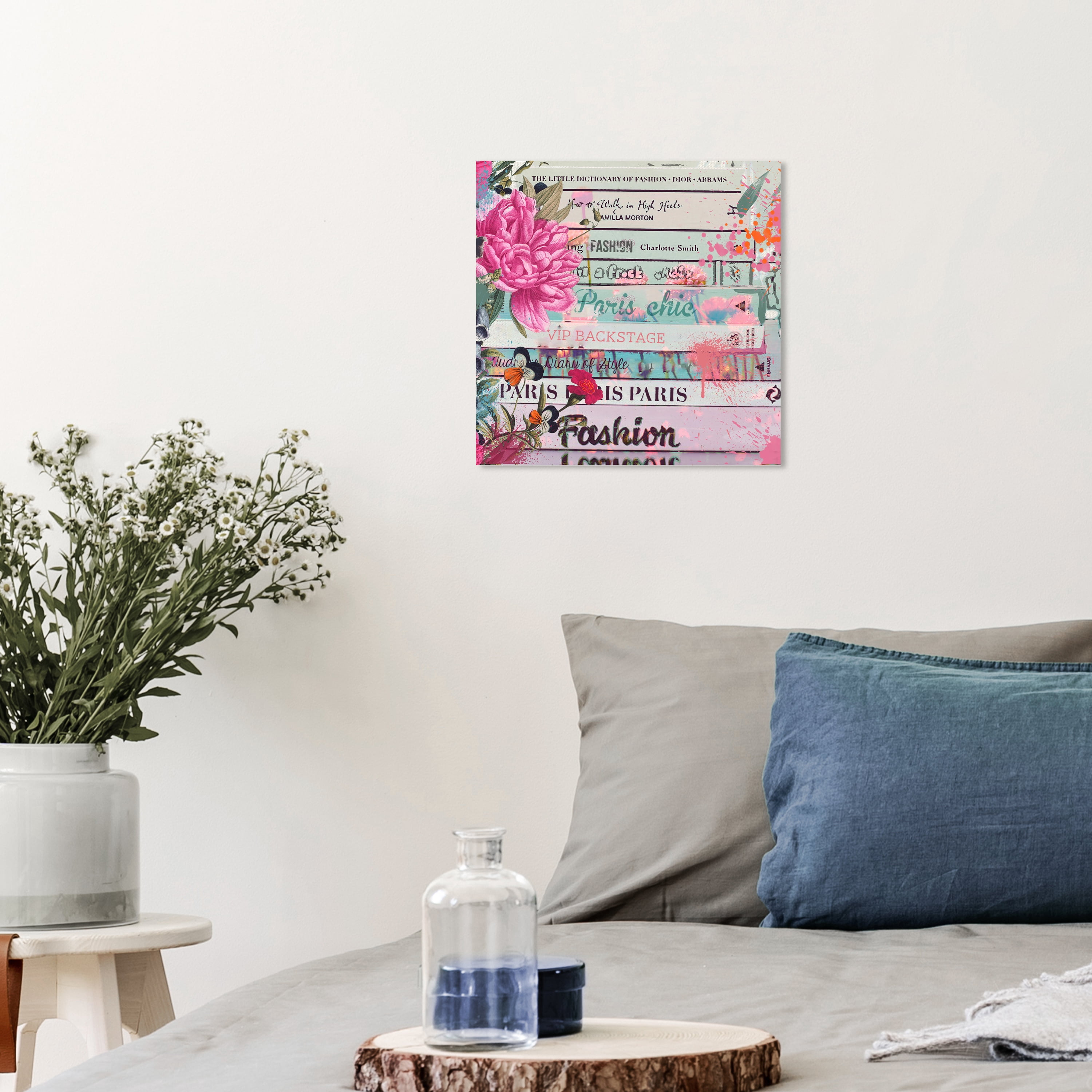 Wynwood Studio Fashion and Glam Modern Canvas Art - Bookstack Pink Flower On Top, Wall Art for Living Room, Bedroom, and Bathroom, 12 in x 12, Pink and Blue Home Decor