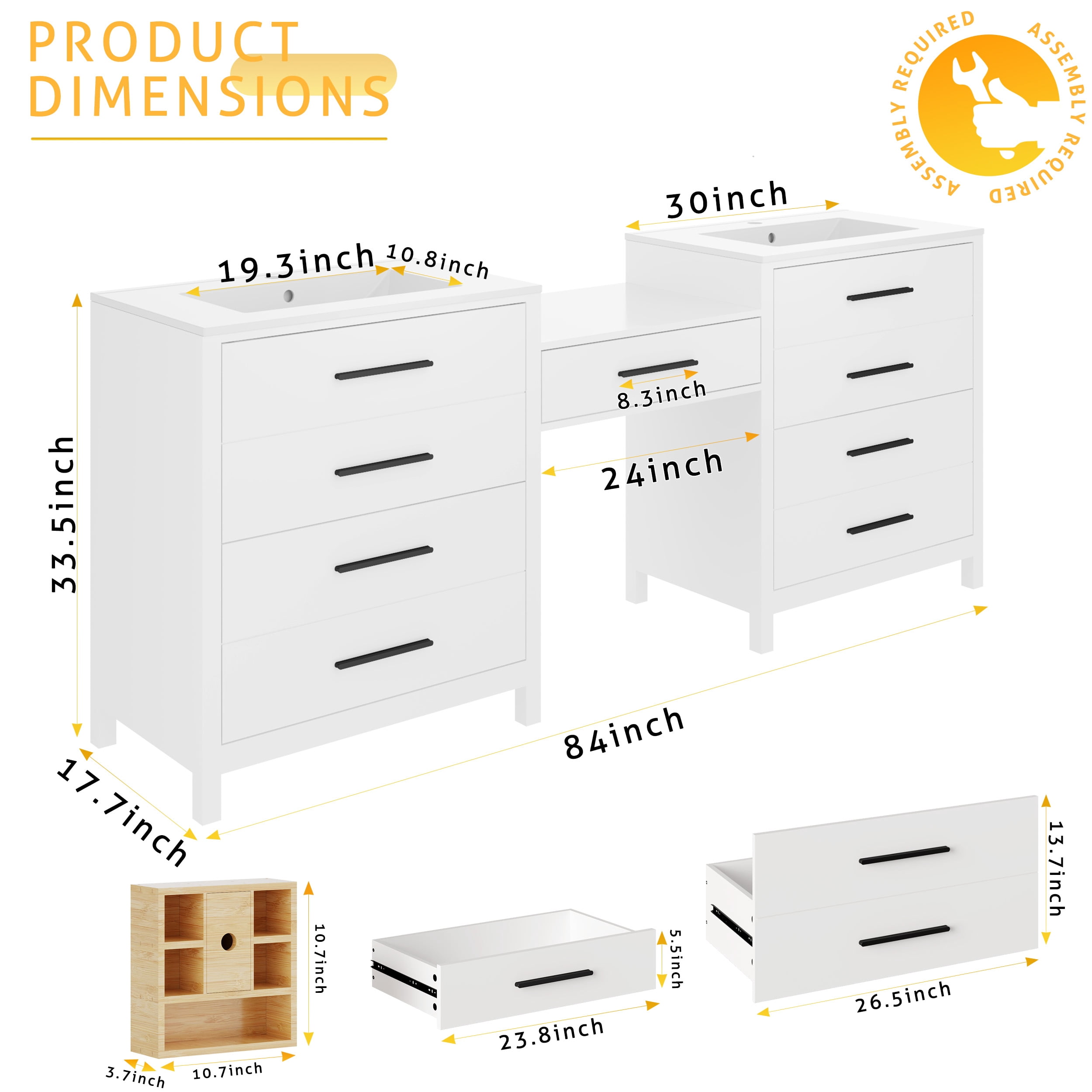 Eclife 84-Inch White Double Sink Bathroom Vanity with Makeup Countertop