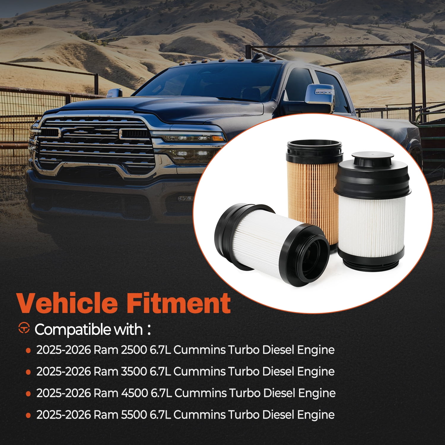 6.7L Cummins Diesel Fuel Filter Water Separator & Oil Filter Kit Compatible with 2025 2026 Dodge Ram 2500 3500 4500 5500 6.7L Cummins Turbo Diesel Engine Replace 68677800AA 68677810AA