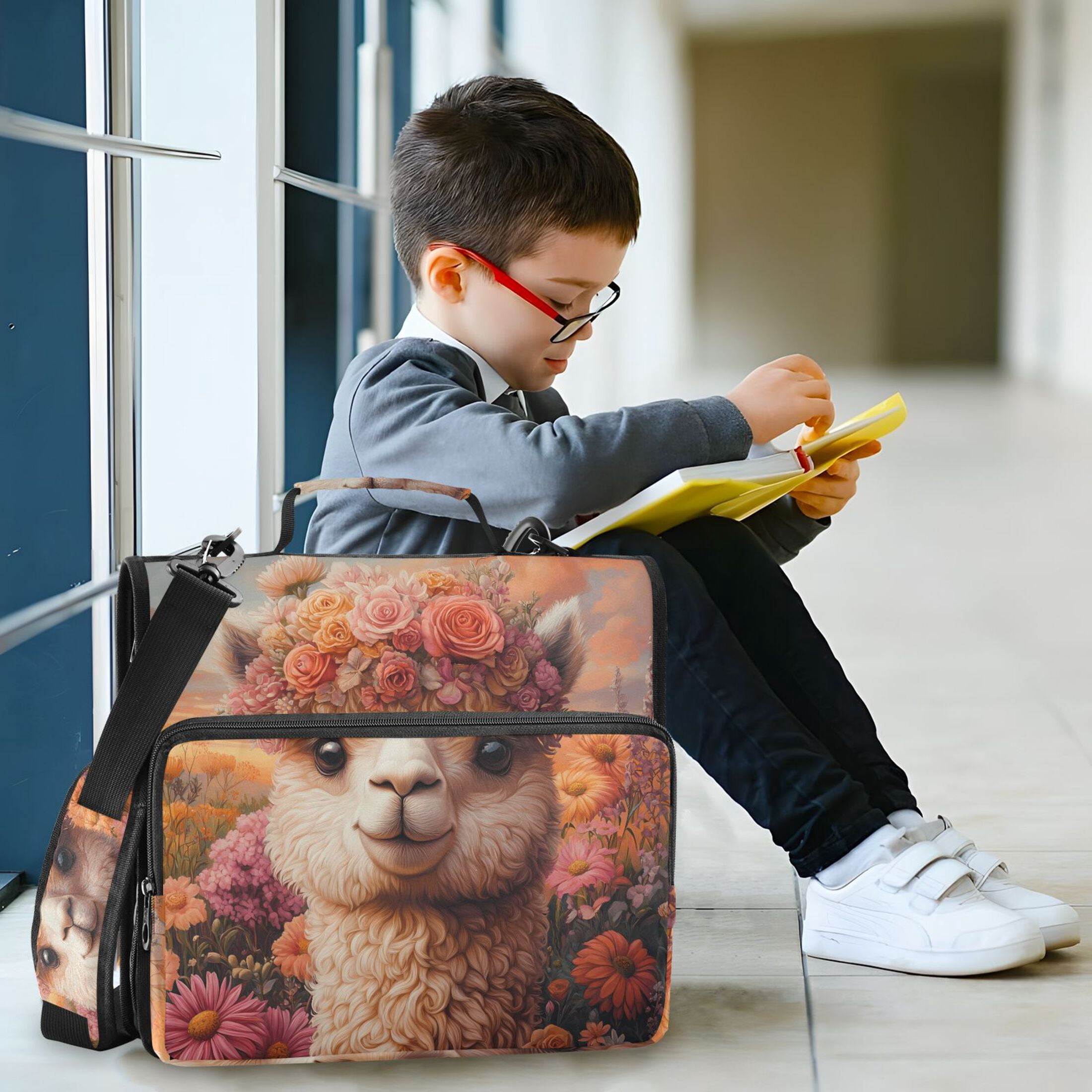 3 Ring Zipper Binder with Shoulder Strap Waterproof Trapper Keeper 2 Inch D-Ring 500 Sheets Capacity Alpaca in Flowers Sea