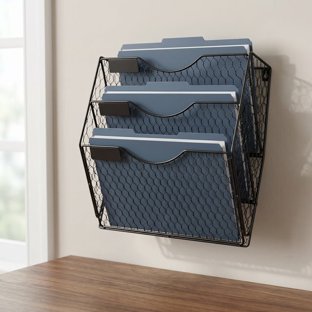 TABLETREANDS Organizador Montado En Pared Negro De Metal Para Oficina Con Tres Bolsillos Para Archivos
