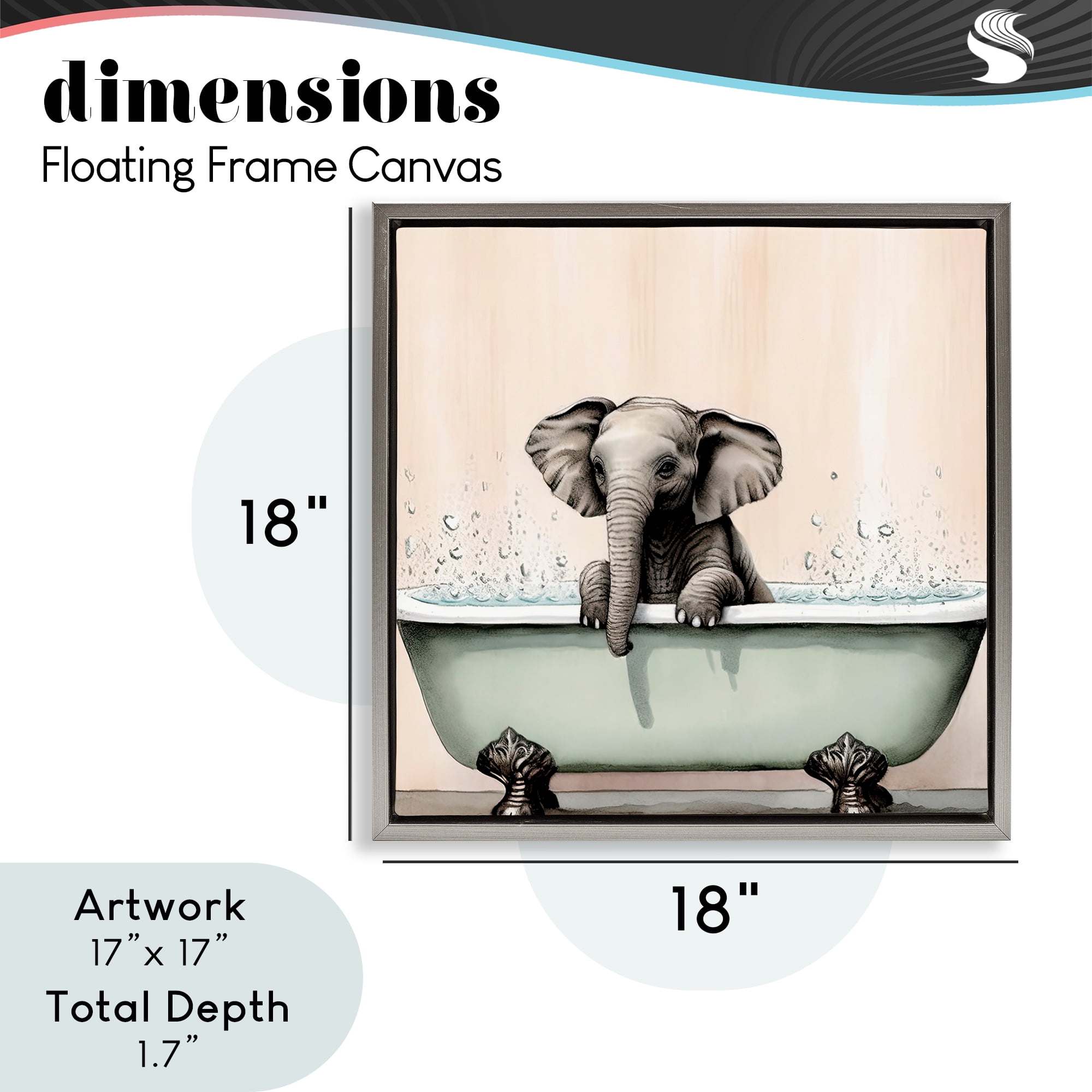 Baby Elephant Bathtime Gray Framed Floater Canvas Wall Art, design by Sasha