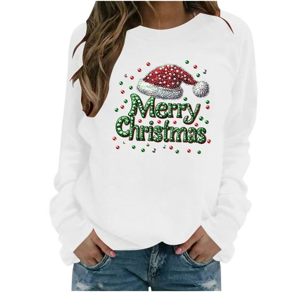 asdoklhq Christmas Tops for Women Christmas Women's Christmas Fashion Casual Printed Round Neck Loose Long Sleeve Capless Sweatshirt Top White S
