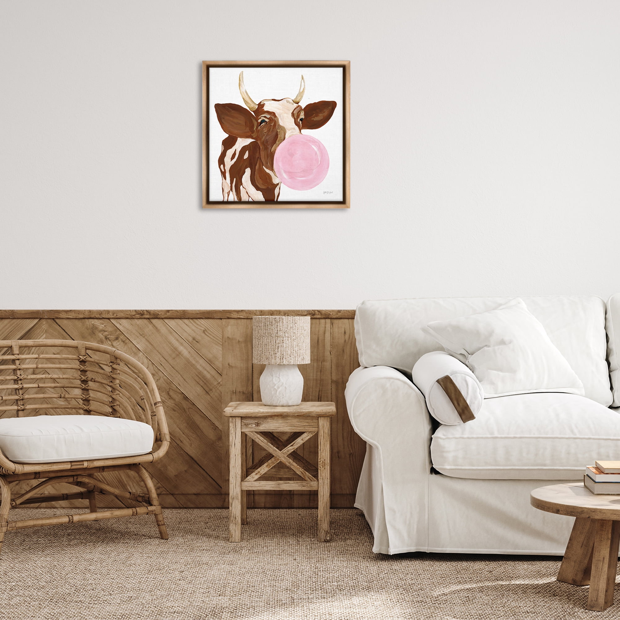 Stupell Industries Happy Bubblegum Cow Animals Painting Brown Floater Framed Canvas Art Print Wall Art, 25 x 25