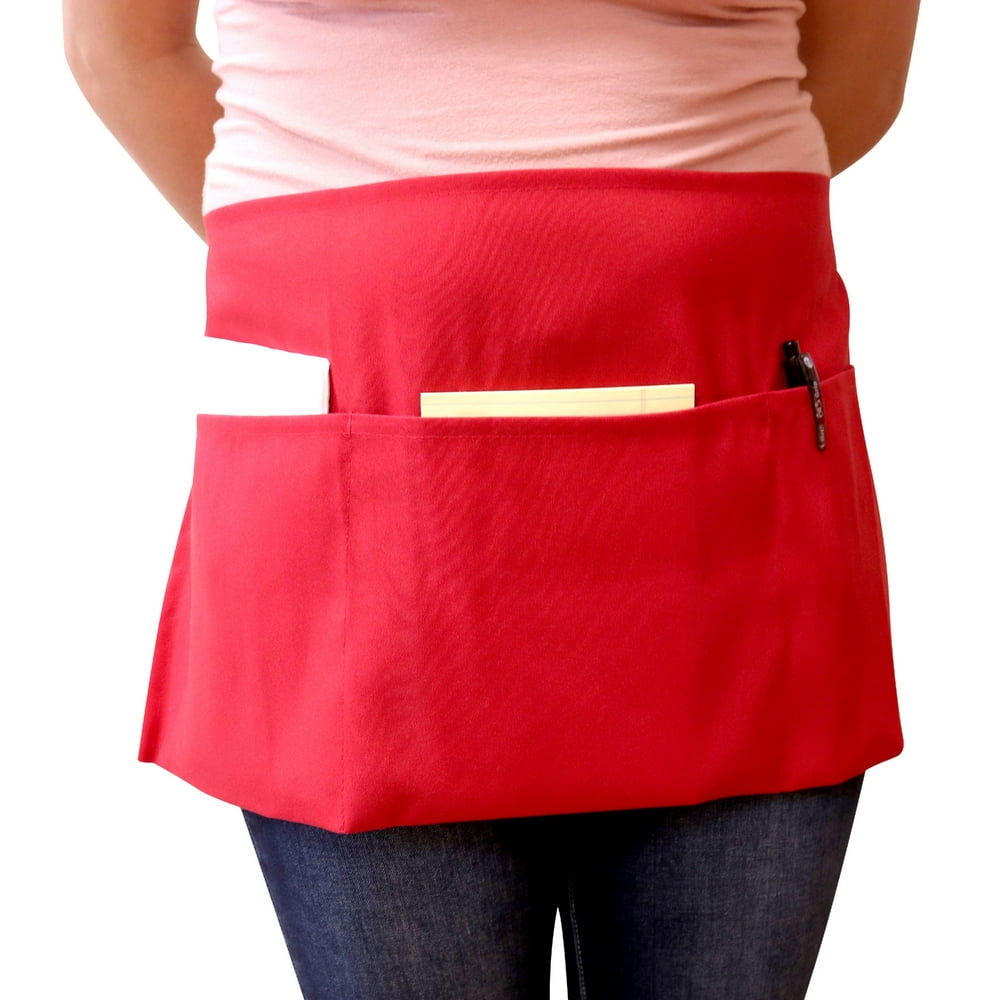 12 Pack of Waist Aprons Red 3 Pockets Spun Polyester Durable