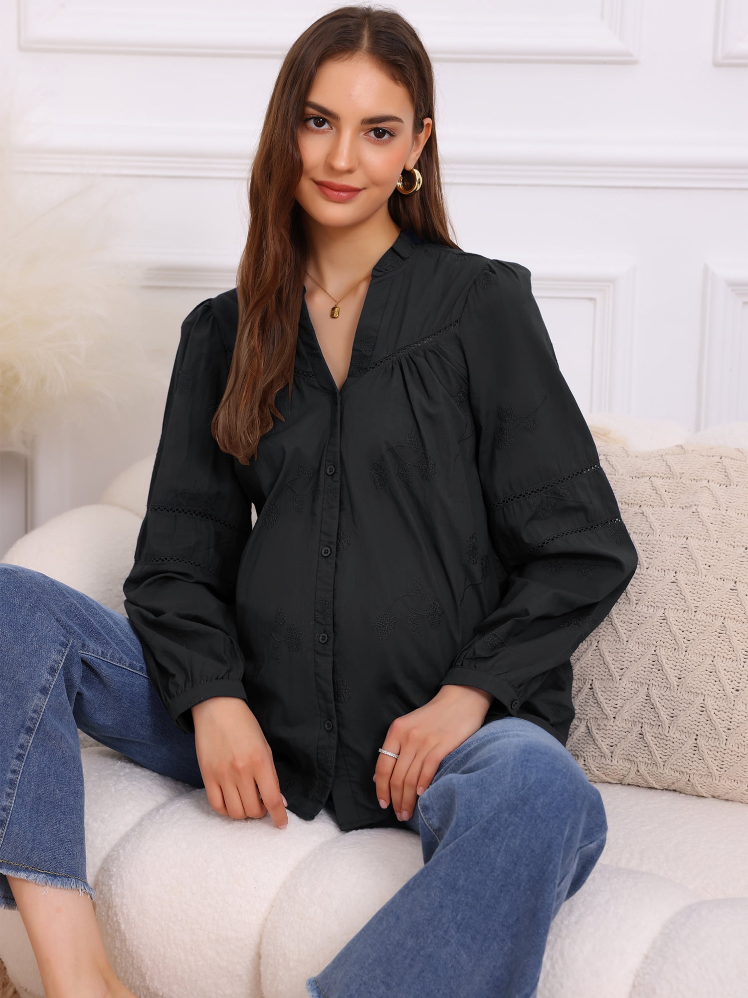 DARING DIVA Women's Maternity Cotton Button Down Long Sleeve Jacquard Blouse L Black