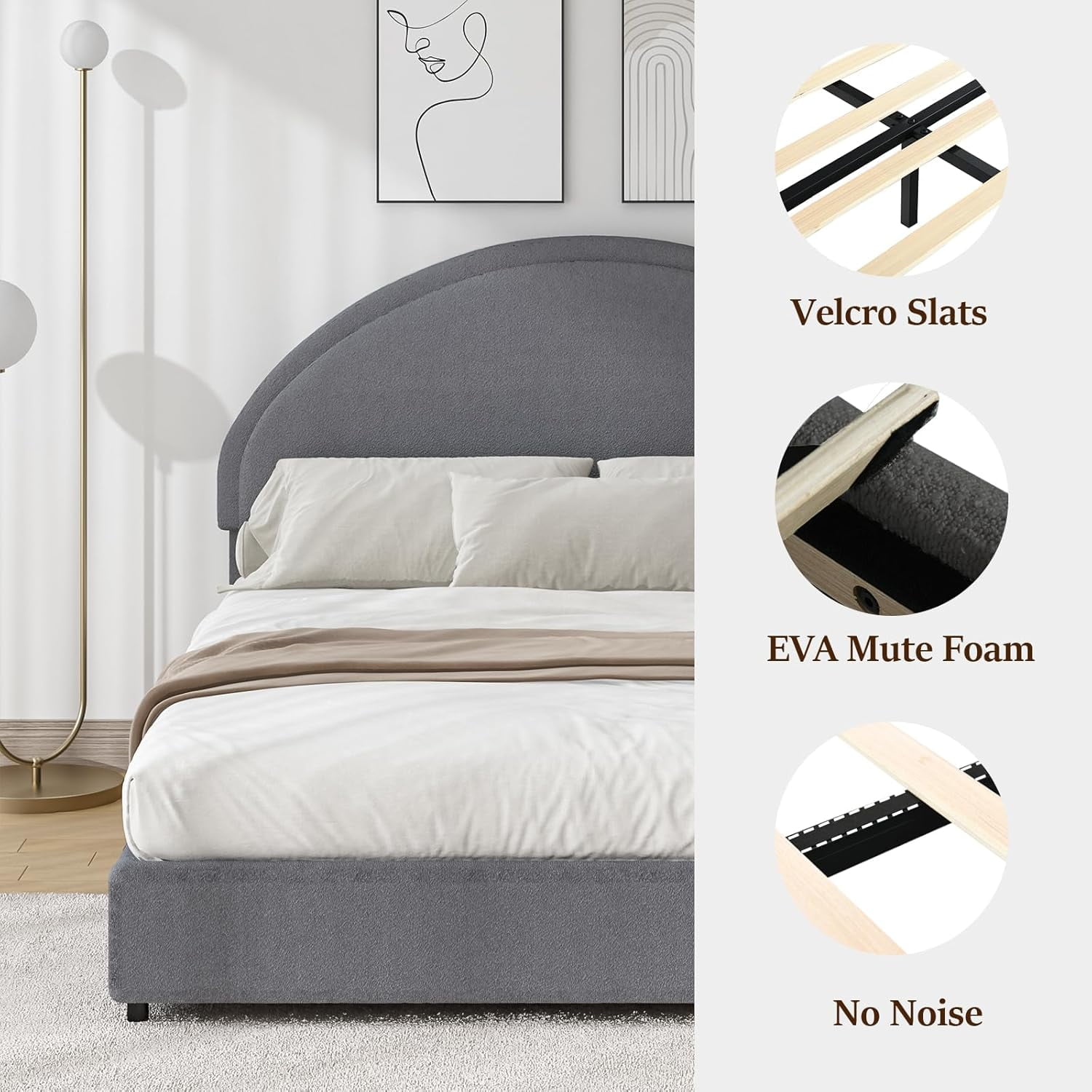 4 EVER WINNER King Size Bed Frame, Boucle Upholstered Bed Frame with Headboard, Gray King Bed Frame, Gray