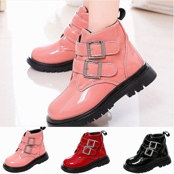 Viluyesy Girls Boots Patent Leather Chunky Non-Slip Double Buckle Comfortable Durable Side Zipper Easy On Off Shoes Pink Size 12.5Little Kids