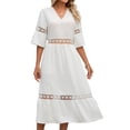 thumbnail image 1 of Robes Boho pour Femmes Col en V Dentelle Florale Ajourée Manches Mi-Longues Robe Midi Couleur Unie Décontractée Été Plage Robe d'Été, 1 of 5