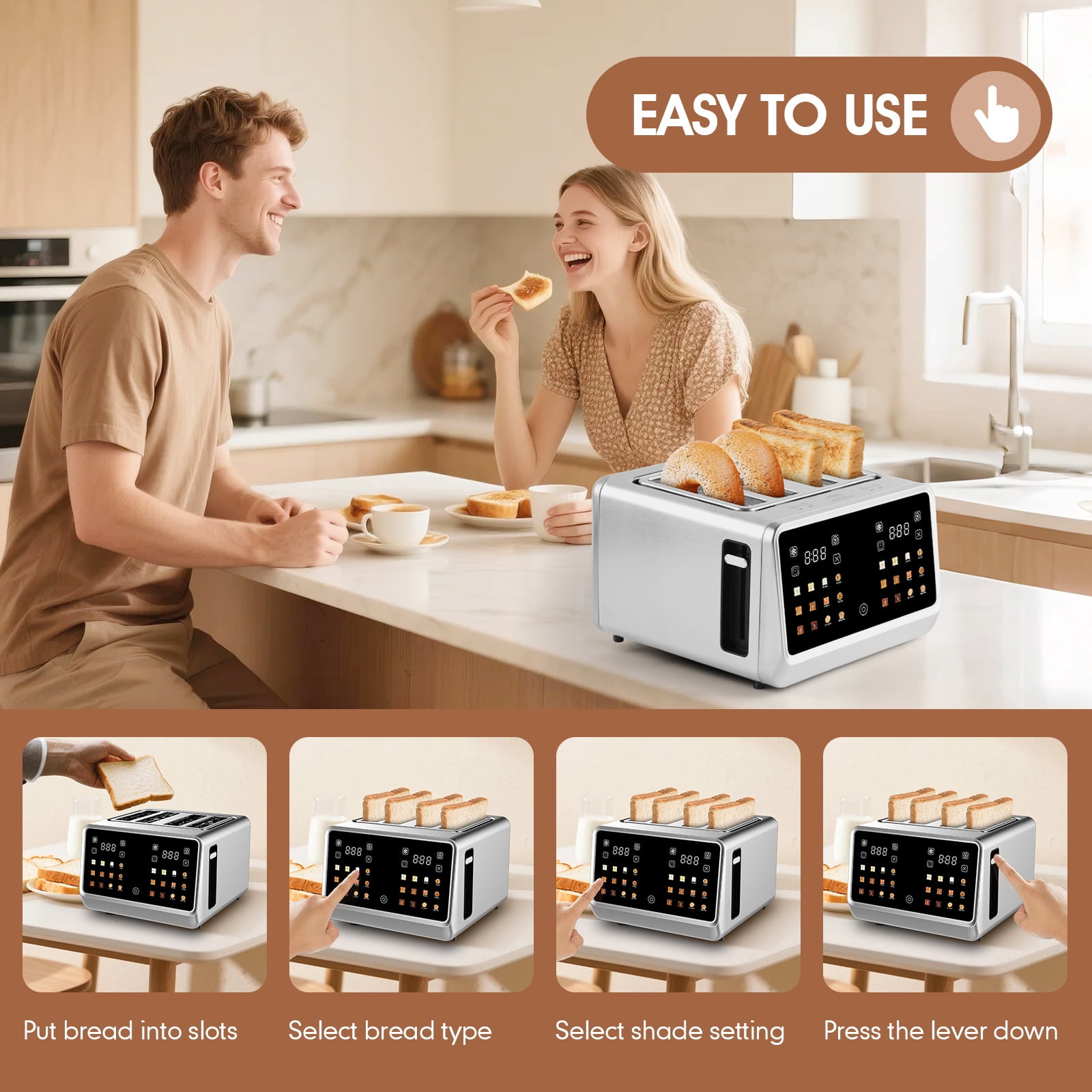 Toaster 4 Slice, Digital Smart Toaster With TouchScreen, Dual Control Panel, Single Slot Toasting, Timer, Reheat & Defrost For Bagels, Bread, Waffles, Stainless Steel Kitchen Essentials
