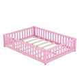 thumbnail image 3 of Full Size Floor Bed, Minimalist Rubberwood Floor Bed Frame with with Safety Guardrails and Door, Montessori Bed for Boy & Girl, Pink, 3 of 8