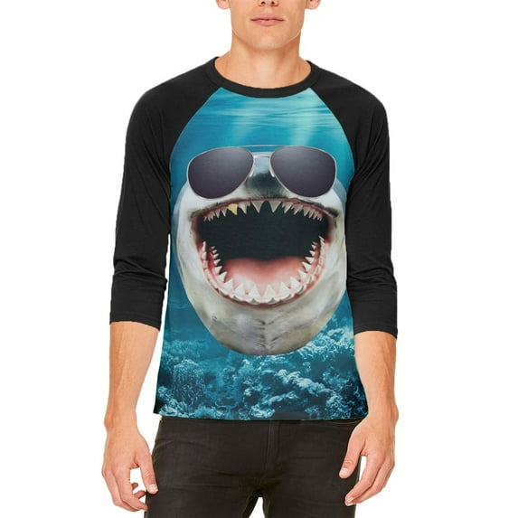 Big Goofy Shark In Sunglasses Mens Raglan T Shirt White-Black LG