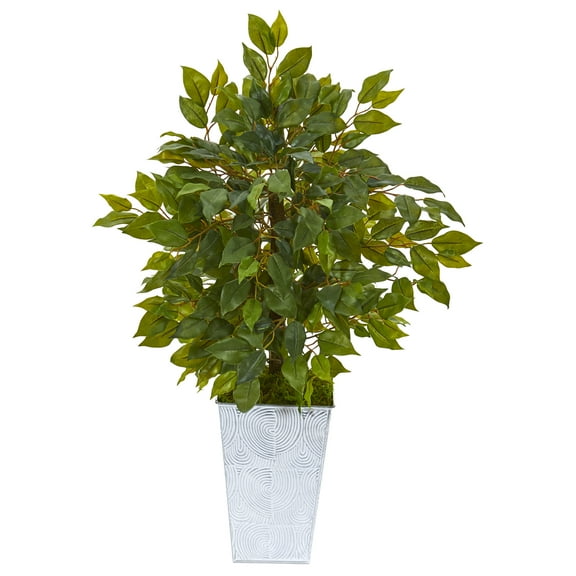 Nearly Natural 17in. Mini Ficus Artificial Tree in Embossed White Planter