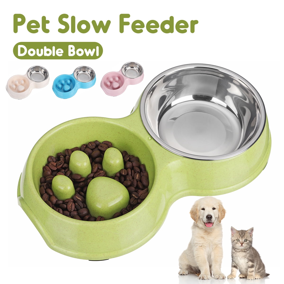 Anti-Choke Pet Bowls Dog Cat Slow Eat Bowl Non Skid 2 in 1 Stainless Steel Feeding Water Bowl Double Detachable Pet Feeder Green