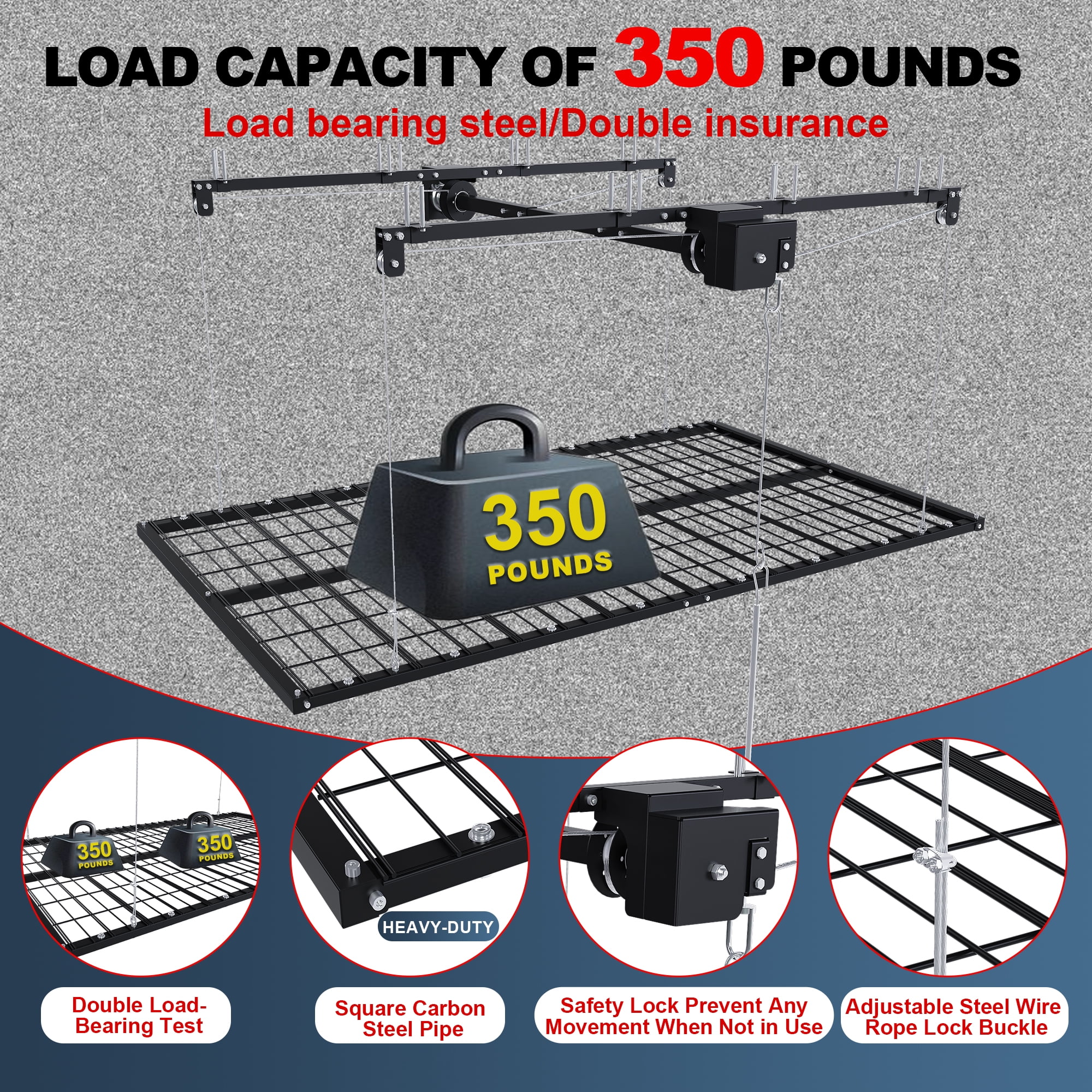 Aukfa 4x8 ft Ceiling Mounted Garage Storage Rack with Crank-Down System, 325 lbs Heavy Duty Overhead Storage Lift for Tires & Tools, Black
