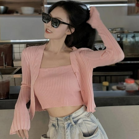 

Women Cardigan Suit Solid Color Sling + Knit Cardigan Slim Camisole + Knitted Cardigan