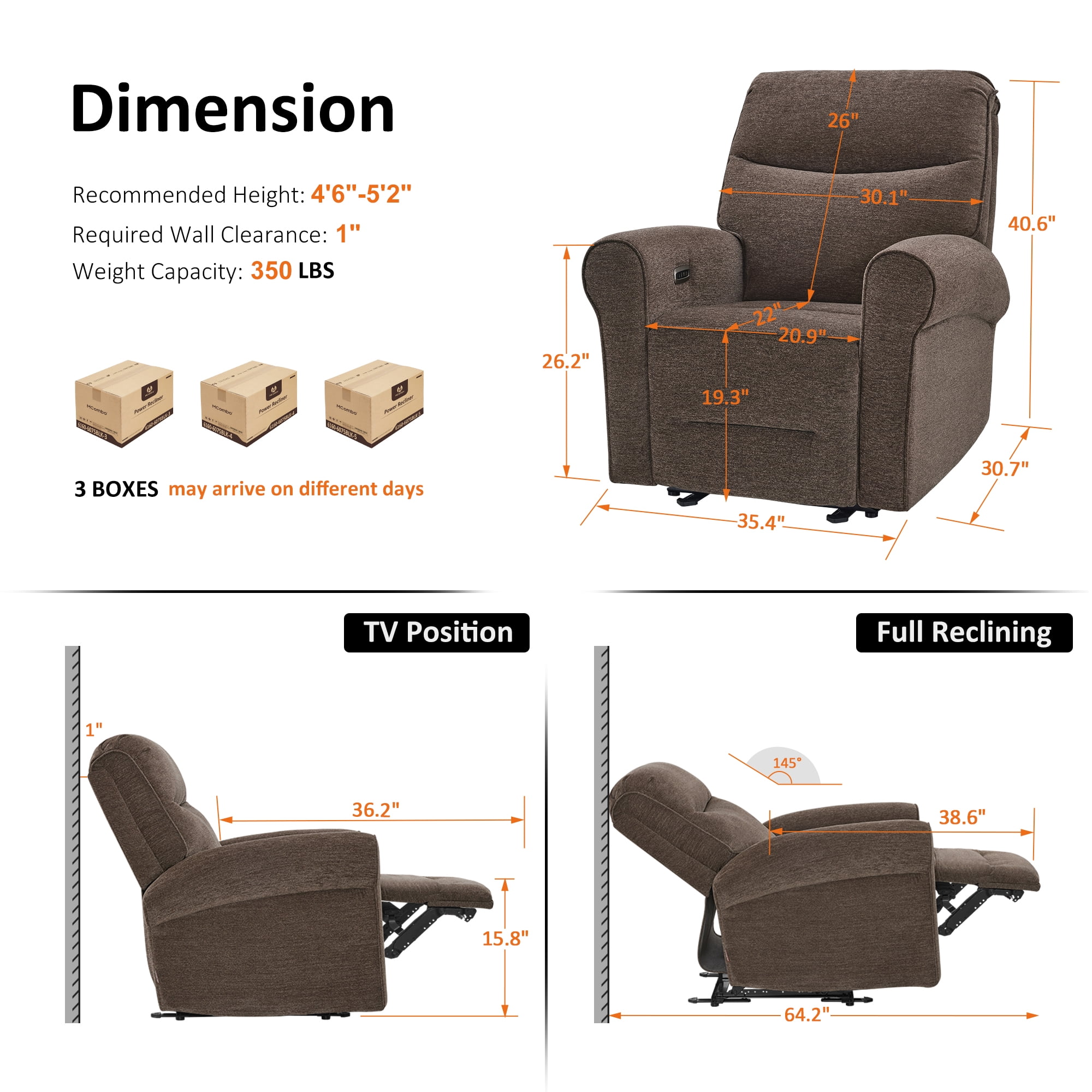MCombo Small Wall Hugger Power Recliner Chair for Small Space RV Living Room, , Modern Roll Arm Recliner, Fabric, Dark Brown