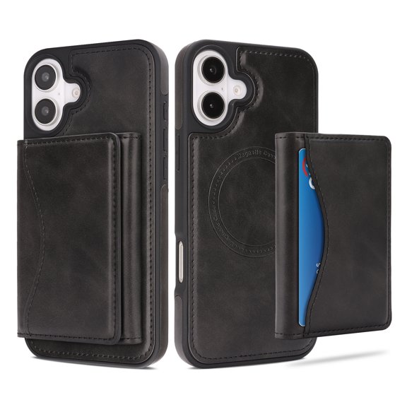 ELEHOLD Detachable Wallet Case for iPhone 16, RFID Blocking Magnetic Shockproof Leather Phone Case with Kickstand and Card Slots,Black