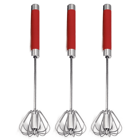 

3 PCS Stainless Steel Semi-automatic Whisk Set for Mixing Milk and Other Liquids Save Much Energy 10 Inch Red