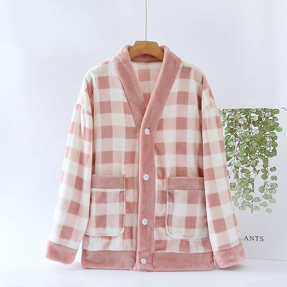 Fleece Plaid Jacket for Womens Button Home Wear Winter Flannel Loungewear Thickened Fuzzy Bed Coat with Pocket New Pinky L