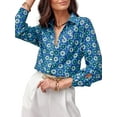 thumbnail image 1 of DYMADE Women Roll Tab Sleeve Printed Long Sleeve Blouse Tunic Top, 1 of 4