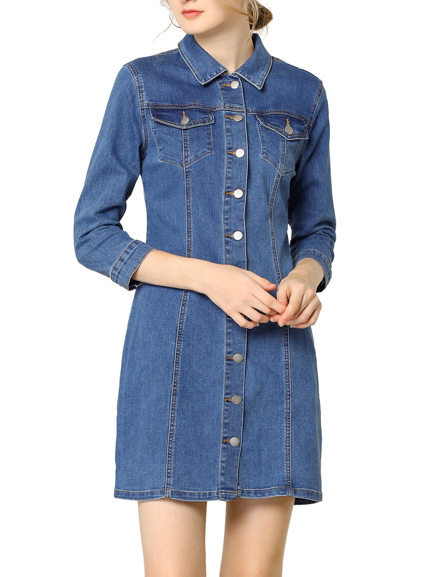DARING DIVA 3/4 Sleeve Button Down Denim Shirt Dress M Blue