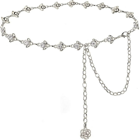 Channel belts for women size chain in rhinestones for dress(sliver)