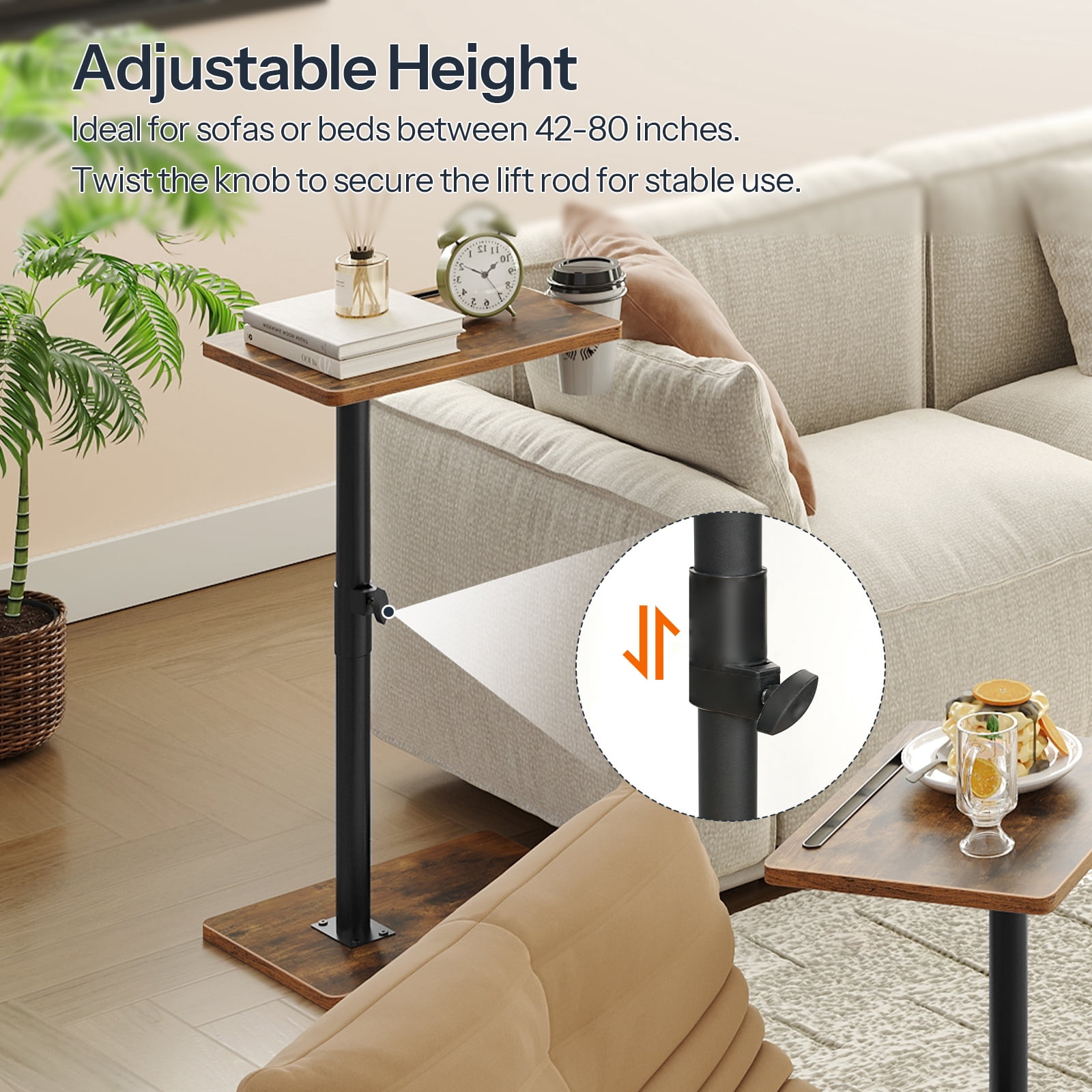 HOOBRO Adjustable C-Shaped TV Tray Table - Height Adjustable 16.5''-31.5'', 360° Swivel End Table with Cup Holder & Device Stand - Perfect for Small Spaces, Living Room, Bedroom ,Rustic Brown