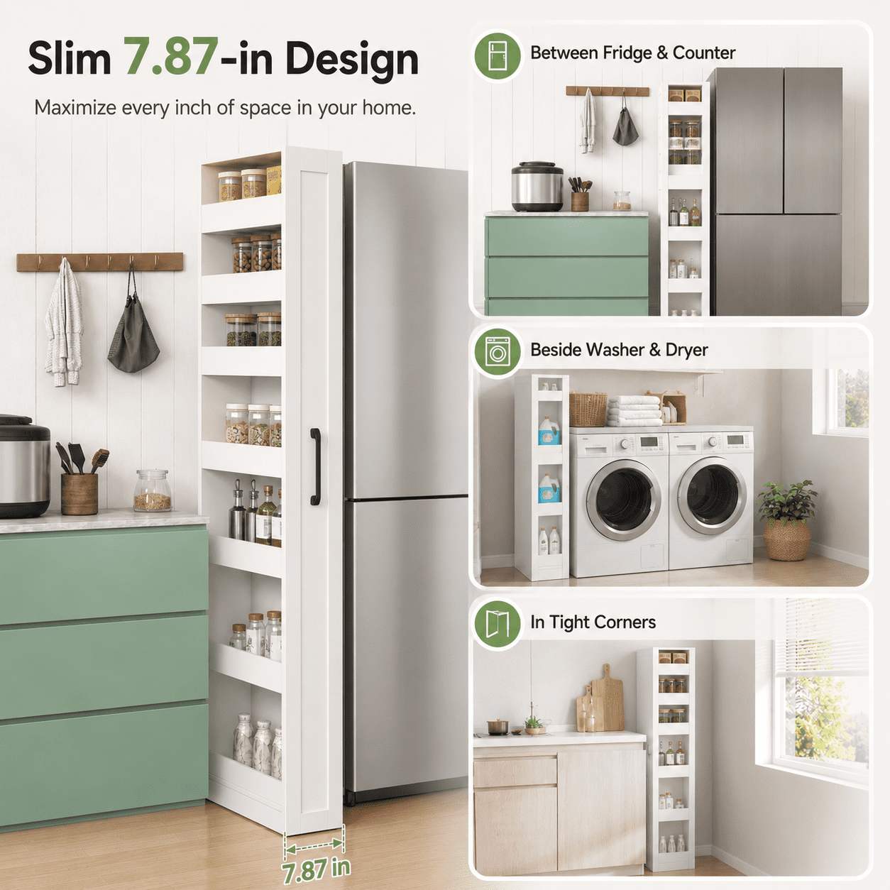 Aukfa 7-Tier Slim Rolling Pantry Cabinet, 68.3" Narrow Pull-Out Kitchen Storage Cart with Handle and Casters,White