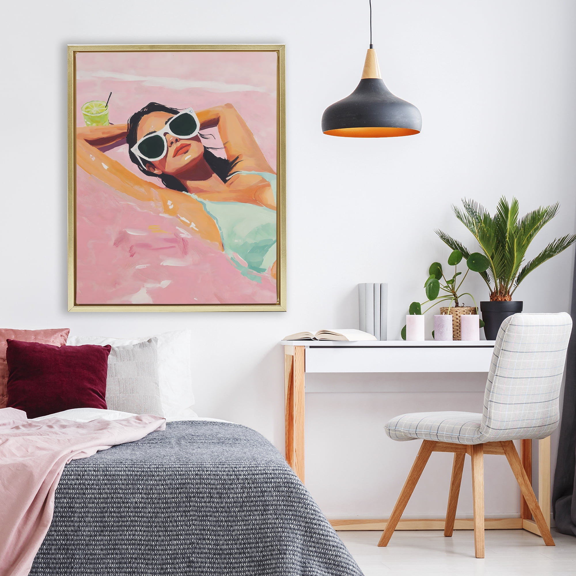 Stupell Industries Trendy Summer Girl Gold Framed Floater Canvas Wall Art, design by The Prints Vibe