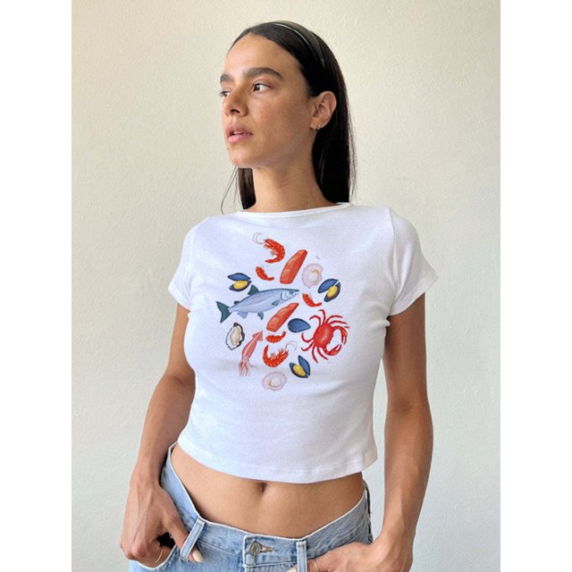 Mialoley T-shirt pour Femmes, Col Rond Manches Courtes Imprimé Alimentaire Ajusté Hauts d'Été Mode Urbaine pour Usage Quotidien Décontracté