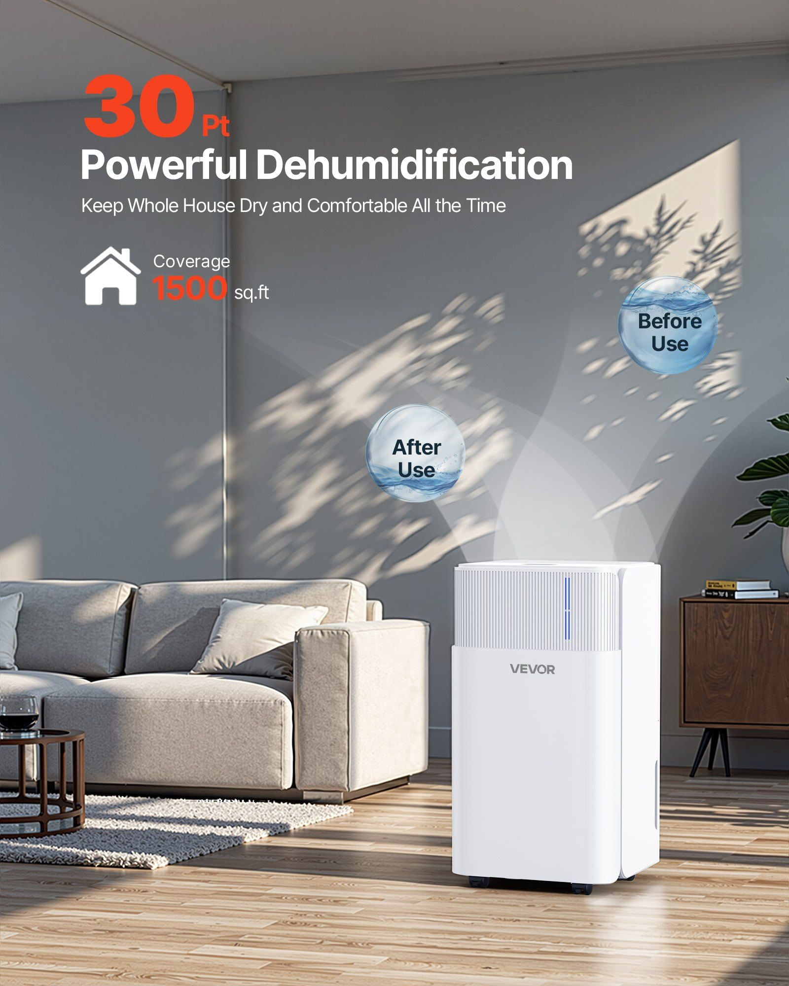30 Pints Dehumidifier for Home and Basement, Quiet 38dB Operation, Smart Auto/Continuous/Sleep Modes, LED Display, Dual Drainage Options with Hose or Tank, Ideal for Bedrooms, Living Rooms