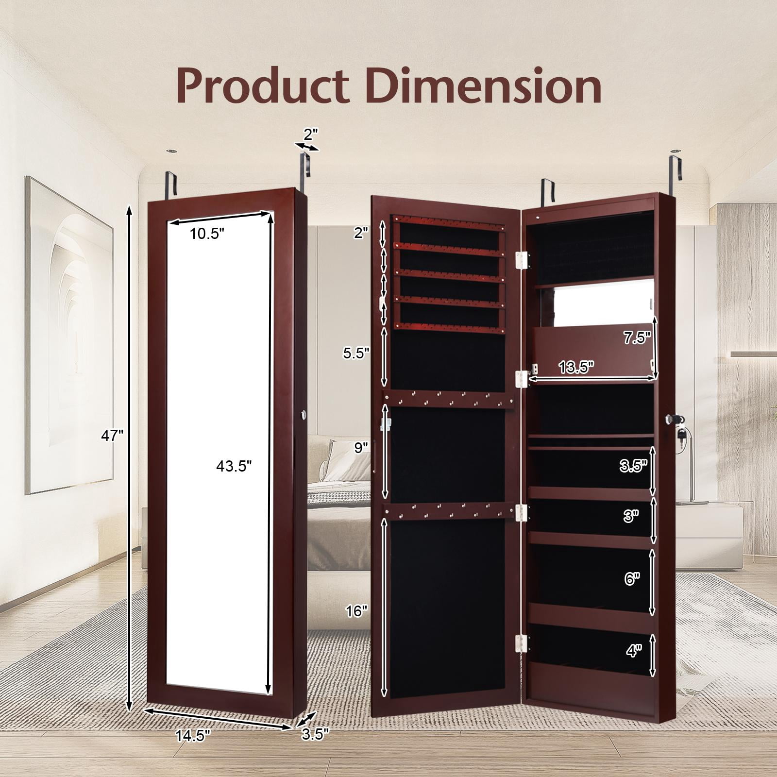 Giantex LED Jewelry Cabinet Wall Door Mounted, Lockable Jewelry Armoire w/Full Length Mirror, Cosmetics Tray, Brush Holders, Build-in Makeup Mirror for Women Girls (Brown)