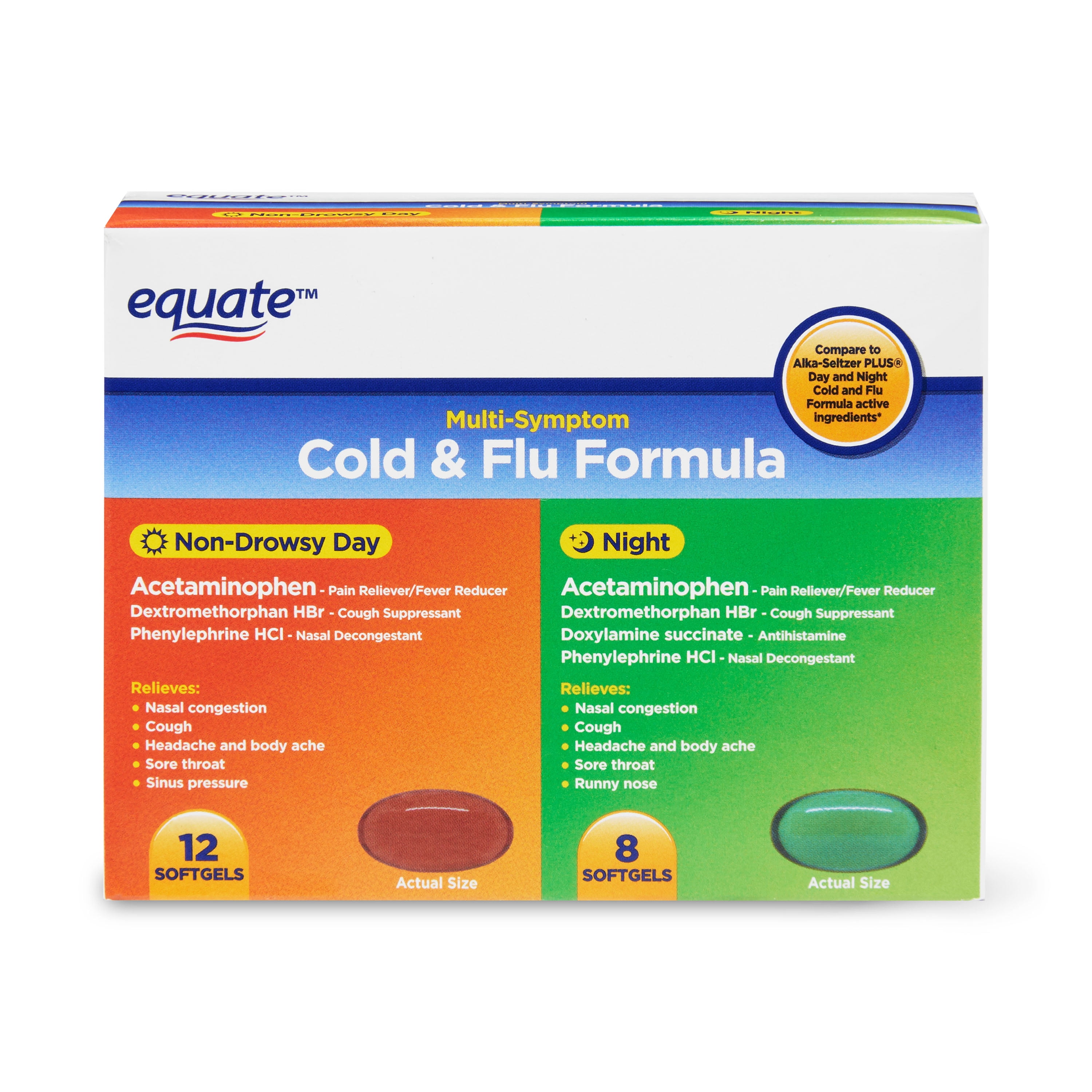 Equate Multi-Symptom Day and Night Cold and Flu Medicine, 20 Softgels ...