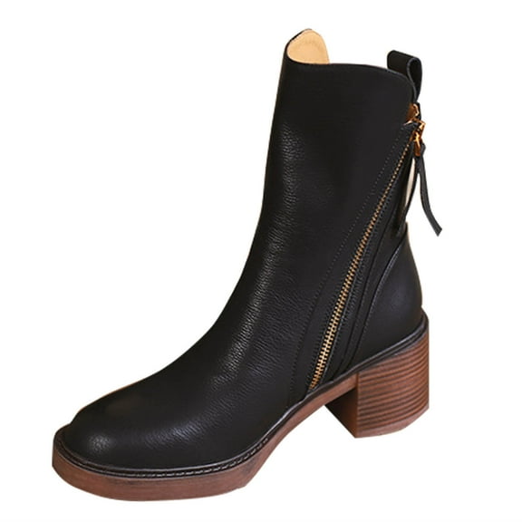 Black Feminine Ankle Boots Thick Sole Round Toe Wipe Color Double Zipper Thick Heel Sponge Bottom For Casual