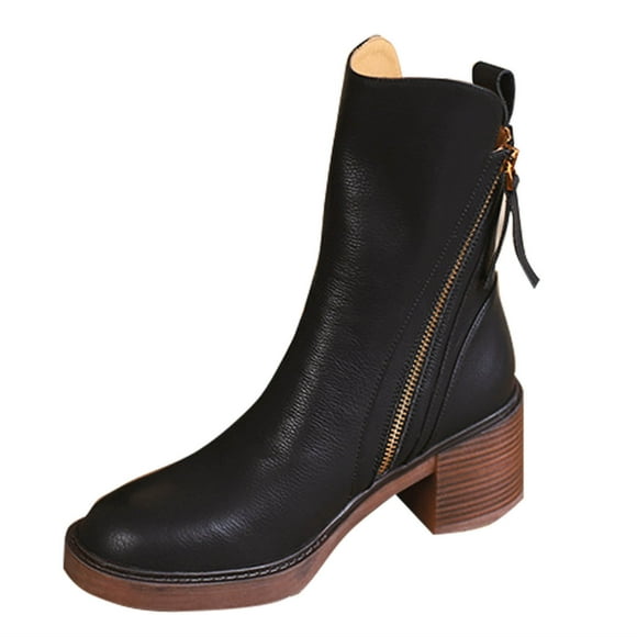 Lovzfmll Ankle Boots for Women, Brown Retro Chunky Round Toe Dual Zipper, Chunky Mid Heel Round Toe Chelsea Leather Boots Casual Fall Black Boots